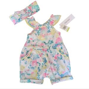 CALVIN KLEIN NEW FLORAL ROMPER WITH HEADBAND SIZE 3-6 MTHS